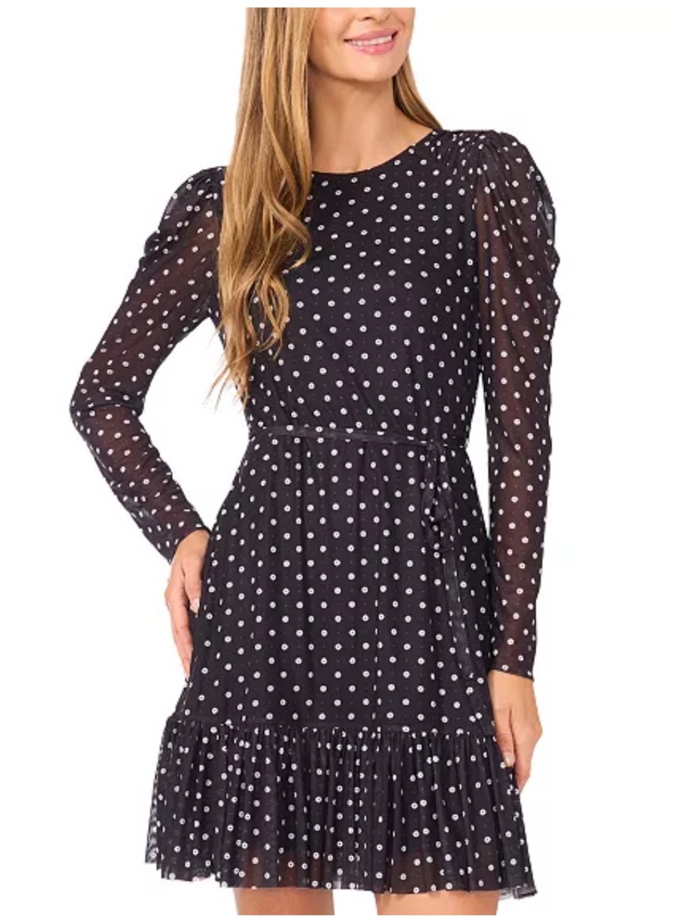 CeCe Women's Waist Tie with Ruffle Hem Mini Dress